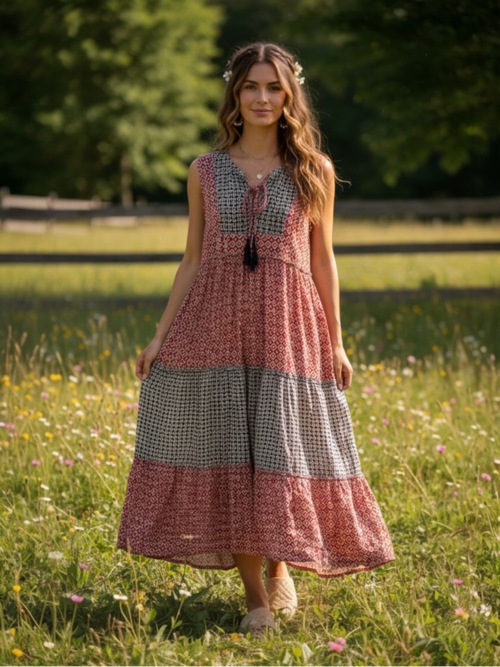 Creme Boheme Womens Boho Tiered Maxi Multi-colored printed dress, Size L**